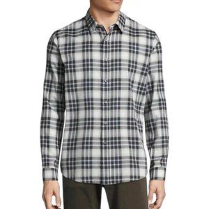 Theory Flanella Plaid 100% Cotton Casual Button-Down Shirt Wht Gray Blk Lt Blue